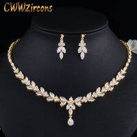 Cwwzircons TOP african Cubic Zirconia Leaf DROP ผู้หญิงงานแต่งงานสร้อยคอเจ้าสาวชุดเครื่องประดับ dush GOLD สีเครื่องประดับ T442