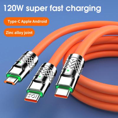 6A 120W Zinc Alloy 3 In 1 For Android For Apple Super Fast Charge With Lamp Three-in-One Data Cable For Mobile Phone