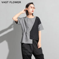 Women Hit Color Irregular Shirring T-Shirt Fashion Patchwork New O-Neck Short Sleeve Loose Casual Tee Tops Clothes Summer 2021