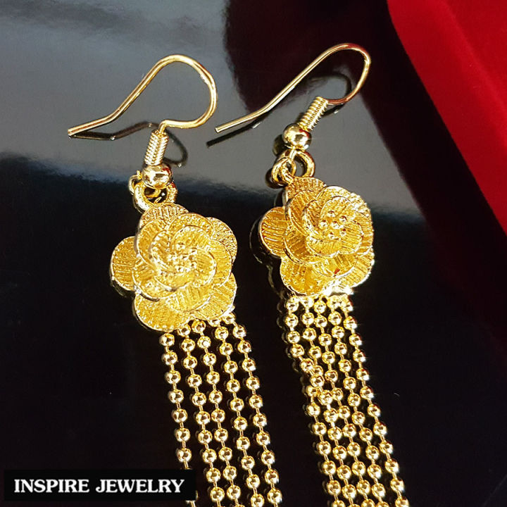 inspire-jewelry-ต่างหูทอง-รูปดอกไม้-แบบตุ้งติ้ง-งานร้านทอง-ปราณีต-หุ้มทองแท้-24k-สวยหรู-พร้อมกล่องทอง