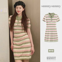 ร้อน, ร้อน★Missliu Fashion Womens Polo Collar Thin Knit Striped Dress Summer New Sweet Jacquard Striped Stitching Short Sleeve Skirt