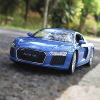 1:24 Audi R8โมเดลรถโลหะผสมรถสีฟ้า V10สำหรับตกแต่งรถจำลองของขวัญของสะสมโมเดลของเล่นเด็กดายแคสติ้ง