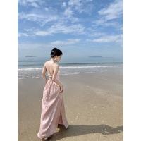 Texture condole backless dress female Hepburn wind summer advanced sense of retro niche beach dress holiday by the sea