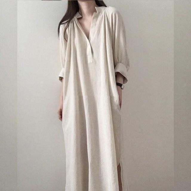 spot-korean-chic-loose-and-lazy-style-cotton-and-linen-shirt-dress-womens-mid-length-v-neck-overknee-dress-2023