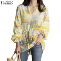 COD dhdfxcz ZANZEA Women Retro V Neck Printed Drawstring Waist Elastic Cuff Blouse