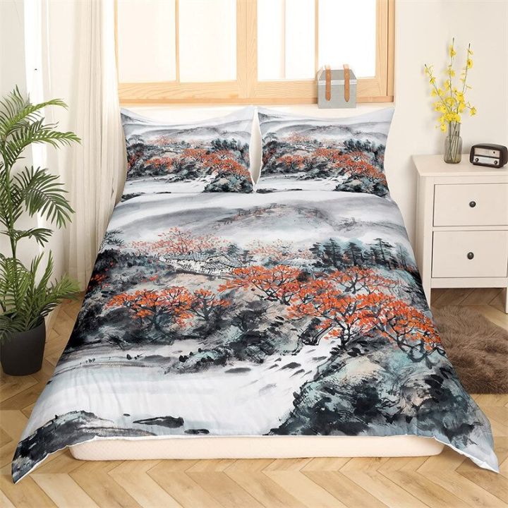 ผ้าคลุมเตียงลายดอกซากุระกิ่งดอกไม้ผ้านวมคลุมเตียงสไตล์ญี่ปุ่นภาพวาดทิวทัศน์ตกแต่งเตียงสบาย