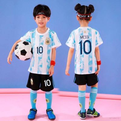 【Ready Stock】 Childrens Set World Cup Argentina Jersey Home Football Tshirt Shorts Messi Unisex Kids Suit