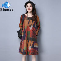 Maternity Dresses Soft Loose Retro Ethnic Printed Dress Loose Mid-length Floral Plaid Long-sleeved Pullover Dress for Women