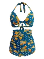 Ruched Bikini Swimsuits Women High Waisted Halter Bikini Sets Pleated FloralDots Print Plus Size Two-piece Swimwear Wholesale