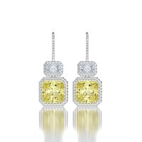 Luxury Elegant Cut Yellow Topaz Diamond CZ 2 Square Hang Pendant Earrings Sterling Silver Ear Hook