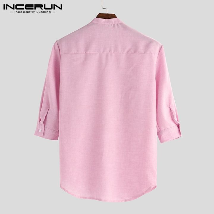 incerun-เสื้อเชิ้ตลำลองสำหรับผู้ชายแขนสั้นคอวีสีพื้น