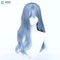 GAKA Long Wavy Cosplay Synthetic Wigs Blue With Bangs for Women Cos Party Lolita Wig Wig  Hair Extensions Pads