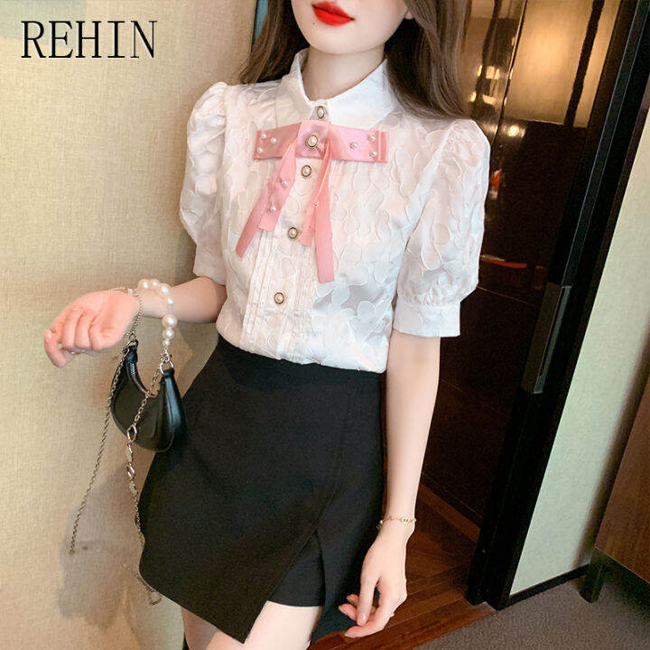 rehin-เสื้อเชิ๊ตผู้หญิงเสื้อผู้หญิงแขนสั้นครอปแขนพองมีโบว์ฝรั่งเศสเสื้อผู้หญิงผ้าแจ็คการ์ดสัมผัสดีไซน์ใหม่ฤดูร้อน