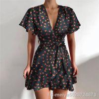 【hot】▲♣  V-Neck Ruffle Wrap Print Beach Sundress Short