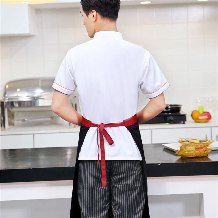 เสื้อเชฟแขนสั้นเสื้อเชฟครัวร้านอาหารมีกระดุมสองแถวบริกรคาเฟ่บริการอาหารผ้ากันเปื้อน