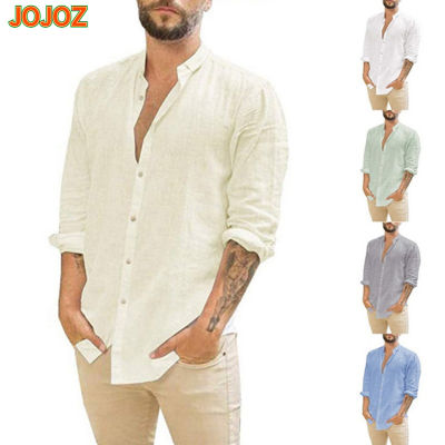 เสื้อคาร์ดิแกนเสื้อเชิ้ตผ้าลินิน JOJOZ สำหรับอินเทรนด์ผู้ชายชุดลำลองแขนยาวเสื้อทรงหลวมคอตั้งสีทึบเรียบง่าย