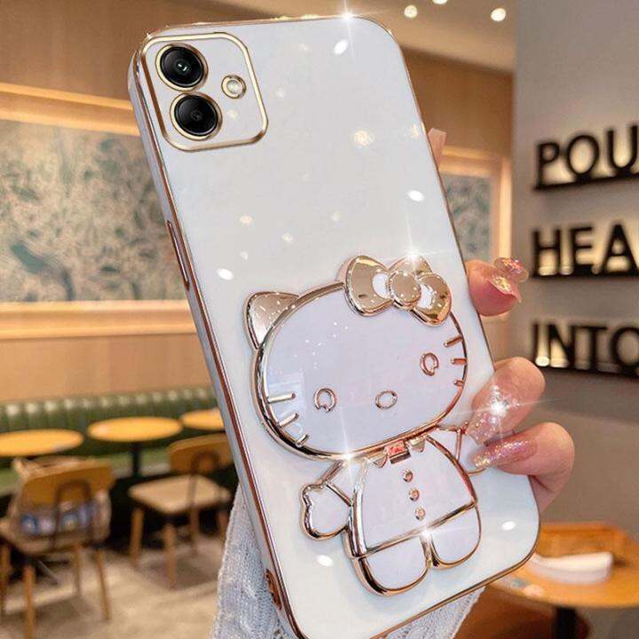 folding-makeup-mirror-phone-case-for-samsung-galaxy-a03-a04-a04e-case-fashion-cartoon-cute-cat-multifunctional-bracket-plating-tpu-soft-cover-casing