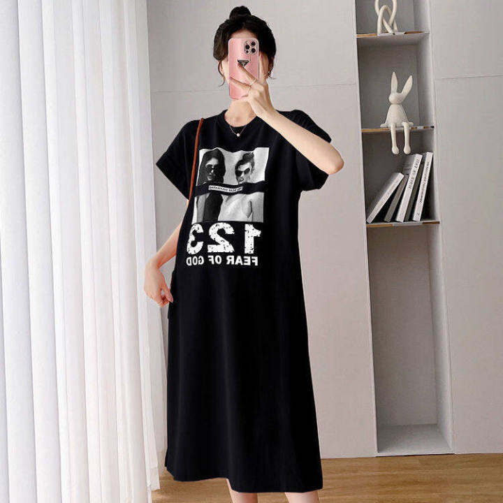 naza-trend-store-free-shipping-ชุดฤดูร้อนสำหรับคนท้องเสื้อแขนสั้นแฟชั่นฤดูร้อนผ่าข้างเหนือเข่าชุดหลวมเสื้อยืดฤดูร้อนกระโปรงยาว