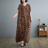 COD DSFDGESERRRRR Oladivi Plus Size Women Clothing 2023 Summer New Fashion Leopard Print V-Neck Casual Loose Oversized Long Dress Bohemian Beach Wera 8159 C019