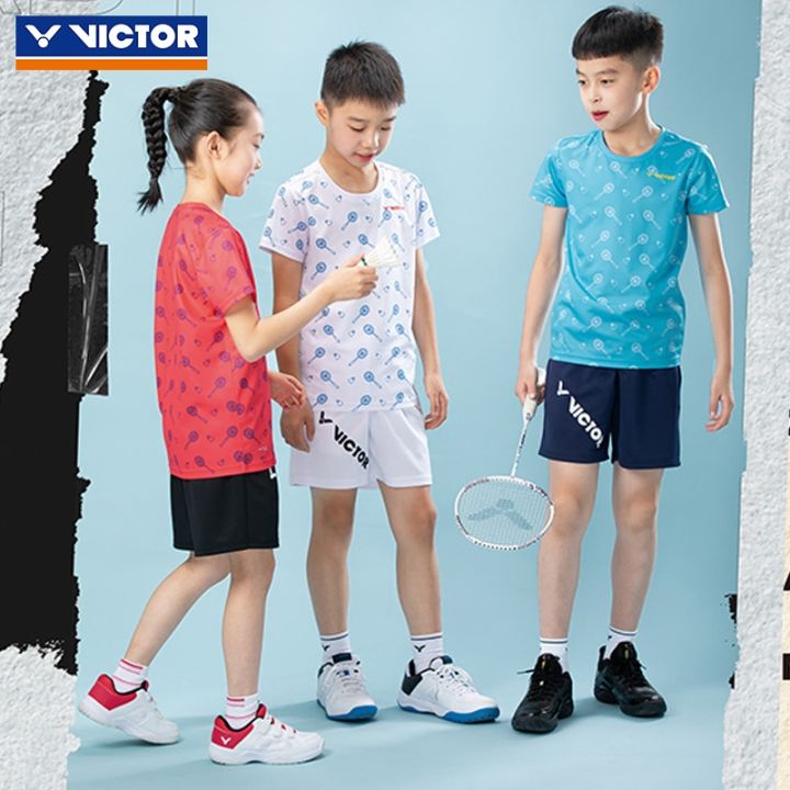 เสื้อยืดลาย-victor-victor-victory-ชุดกีฬาแบดมินตันชุดถักสำหรับเด็กแห้งเร็วเฮลโลคิตตี้ทันสมัย