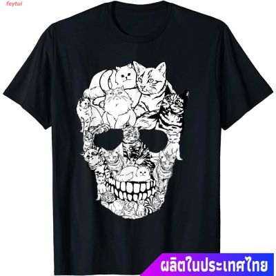 เสื้อยืดผ้าฝ้ายพิมพ์ลาย ราคาถูกเสื้อยืดfeytui 2023 แมว น่าสนใจ น่ารัก Cat Skull Shirt - Kitty Skeleton Halloween Costum  BQCN
