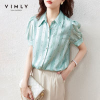 2021VIMLY Summer Women Shirts Elegant Striped Dot Button up Shirt Puff Sleeve Loose Blouse Vintage Tops Female Clothes Blusas F7310