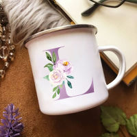 Purple Alphabet Flowers Enamel Coffee Tea Mugs Outdoor Travel Picnic Water Cups with Handle Party Cola Juice Drink Cocoa Mug