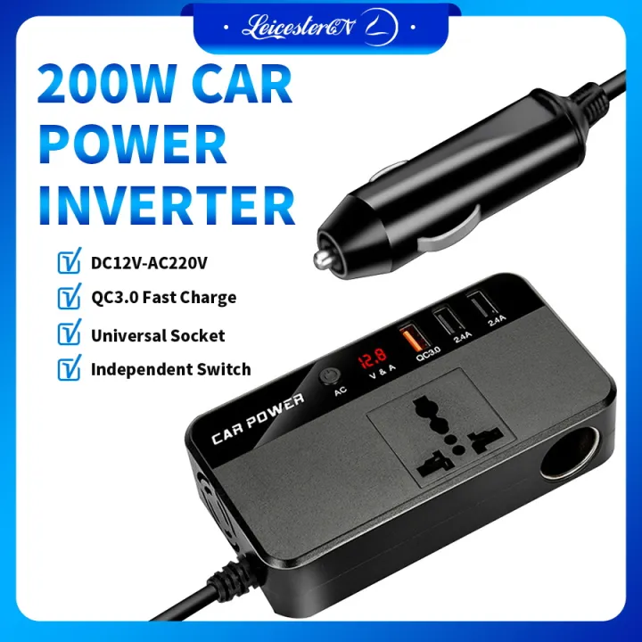 LST 200W 220V Car Converter DC 12V to 220V AC Car Power Inverter Original 1 AC Outlets 3 USB Ports Adapter with 1pcs QC3.0 Fast Charging Port DC to AC Inverter with Digital Display