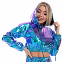 y Cropped Holographic Hoodies Women Shiny PU Metallic Hoody Long Sleeve Short Sweatshirt with Drawstring Pullovers Streetwear