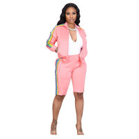 Contrast Color Patchwork Womens Sport Suit Turn Down Collar Full Sleeve Jackets and Knee Length Pant Casual Two Piece Outfit