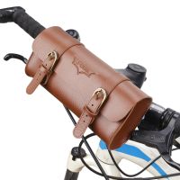 ：“{—— Vintage Leather Bike Front Frame Bag Bicycle Handlebar Mounted Retro Saddle Storage Pouch