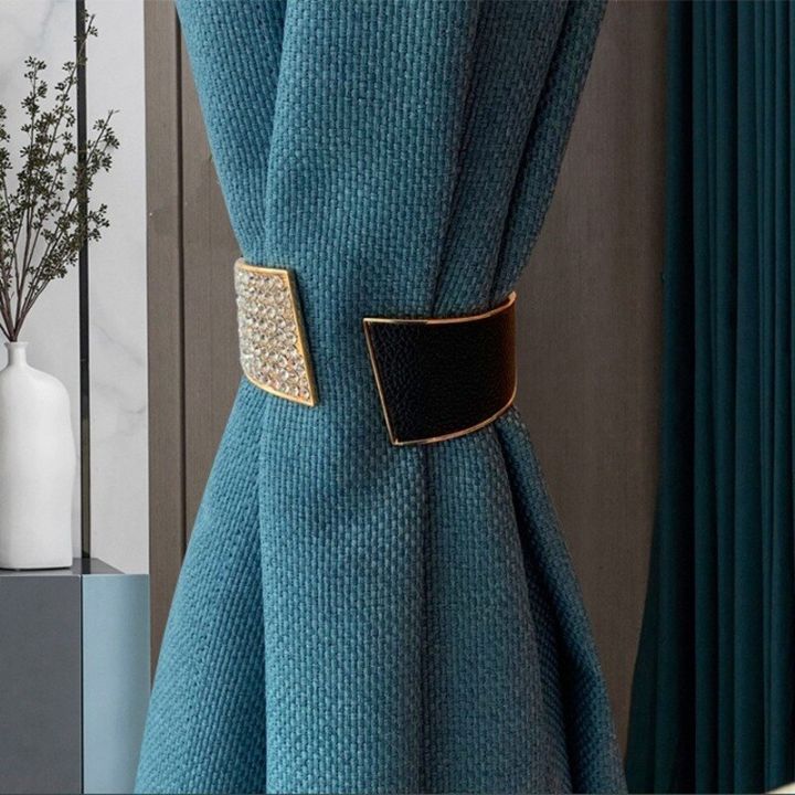 simple-light-luxury-curtain-strap-metal-full-diamond-splicing-pu-leather-curtain-buckle-hole-free-curtain-clip-home-decor