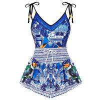 2023 New Retro Double-sided Printed Ruffle Edge Swimsuit One Piece With shorts Slim Bikini Suit V-Neck Backless Swimwear Women Holiday Beach Cover-up