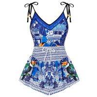 2023 New Retro Double-sided Printed Ruffle Edge Swimsuit One Piece With shorts Slim Bikini Suit V-Neck Backless Swimwear Women Holiday Beach Cover-up828