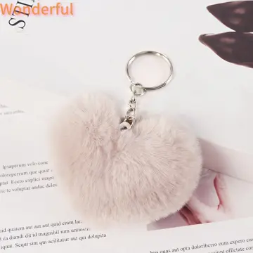 RED Fluffy Heart Shaped Pompom Keychain Fur Ball Mini Furry 