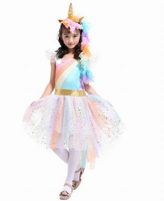 Halloween Girls Dresses Glitter Rainbow Unicorn Sleeveless Dresses+Wings+Hair hoop Kids Clothes 3-7Y YS001
