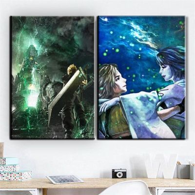 ภาพวาดโปสเตอร์ผ้าใบศิลปะติดผนัง Tidus X Tidus และ Yuna ภาพวาดสำหรับห้องนั่งเล่นกรอบของตกแต่งห้องนอนบ้านเด็กพิมพ์ลาย Final Fantasy