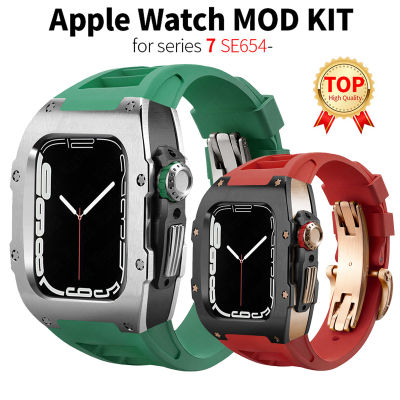 Mod Kit สแตนเลสสตีลกรณียางฟลูออรีนสำหรับ I Watch Series 44มม. 45มม. ชุดดัดแปลงโลหะสำหรับ Apple Watch 8 7 6 5 4 SE (ไม่รวมนาฬิกา)