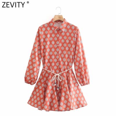 Zevity Women Vintage Totem Geometric Print Big Swing Ruffles Mini Shirt Dress Office Ladies Chic Lace Up Sashes Vestidos DS8593