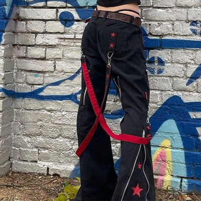 Womens Loose Casual Long Trousers Fashion Stars Print Personality Zipper Baggy Pants Spring Summer Slacks With Pockets Punk