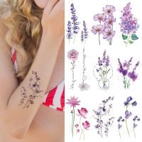 small plant tattoo sticker purple lavender flowers butterfly water color temporary tattoos cute lovely hand sleeve tattoo wrist Stickers