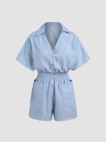 Cider Collar Striped Elastic Waist Romper