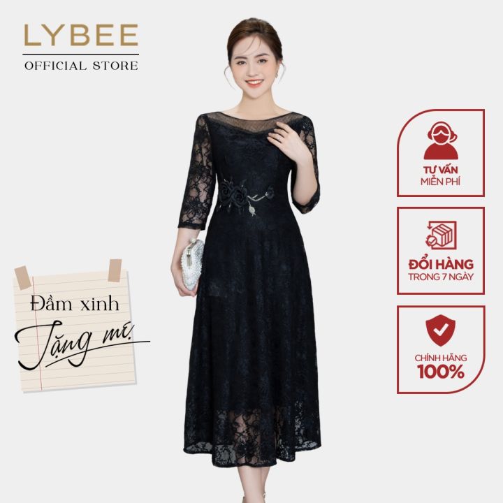 Đầm trung niên nữ thiết kế LYBEE LV795 quà tặng cho mẹ chất ren ...