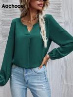 Aachoae Women Casual Solid Color Blouses Shirts Fashion Chic V Neck Long Sleeve Blouses Tops Female Spring Blusa Tops Mujer