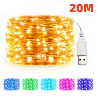 20เมตร10เมตร USB ไฟ LED เชือกทองแดงเงินลวดพวงมาลัยแสงกันน้ำนางฟ้าไฟสำหรับคริสต์มาสงานแต่งงานตกแต่ง