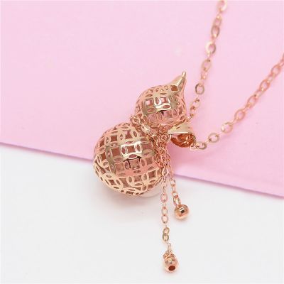 【cw】 Women 39;s 585 purple gold dimensional hollow Chinese style art gourd pendant plated 14K rose new chain necklace ！