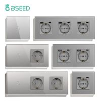 BSEED Wall Light Switch Touch 1/2/3Gang Sensor Switch With EU Power Socket USB Gray Glass Panel EU Standard Darkblue BackLight Nails Screws Fasteners