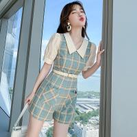 【With Belt】2022 Summer Women Vintage R Plaid Thin Rompers New Arrival Ladies Cute Doll Collar Temperament Casual Outwear Wide Leg Jumpsuit