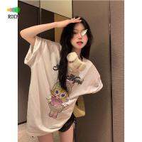 Cartoon print short sleeve temperament round neck summer T-shirt lazy top slimming loose pullover female student mid-length V728