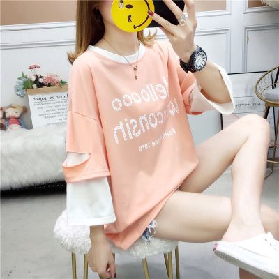 Fake two-piece five-point sleeve new t-shirt women student Korean version loose ins half-sleeved clothes tide